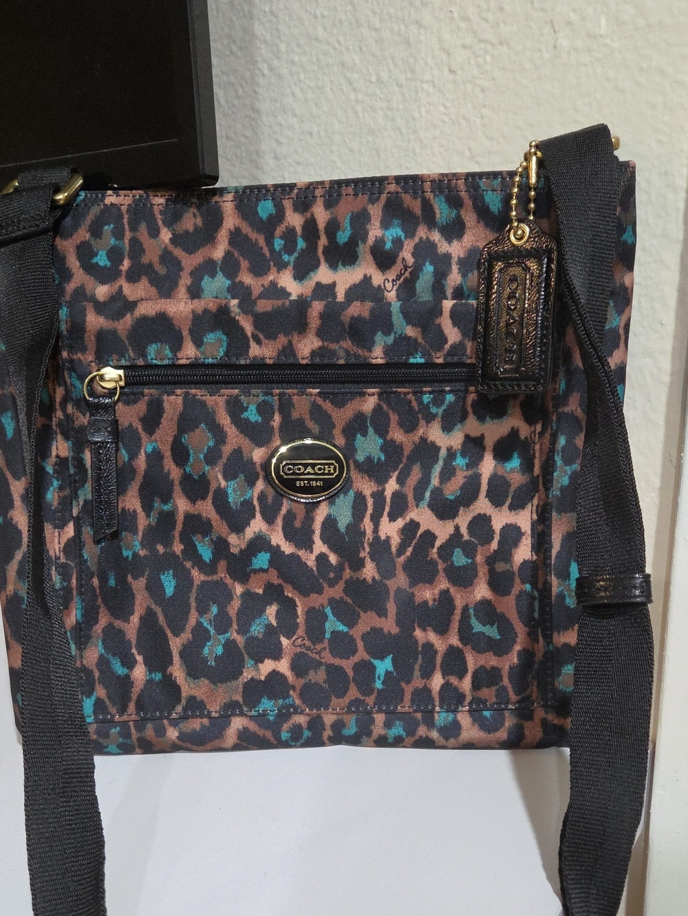 Coach Leopard Print Crossbody Bag in Brown & Teal Accents
